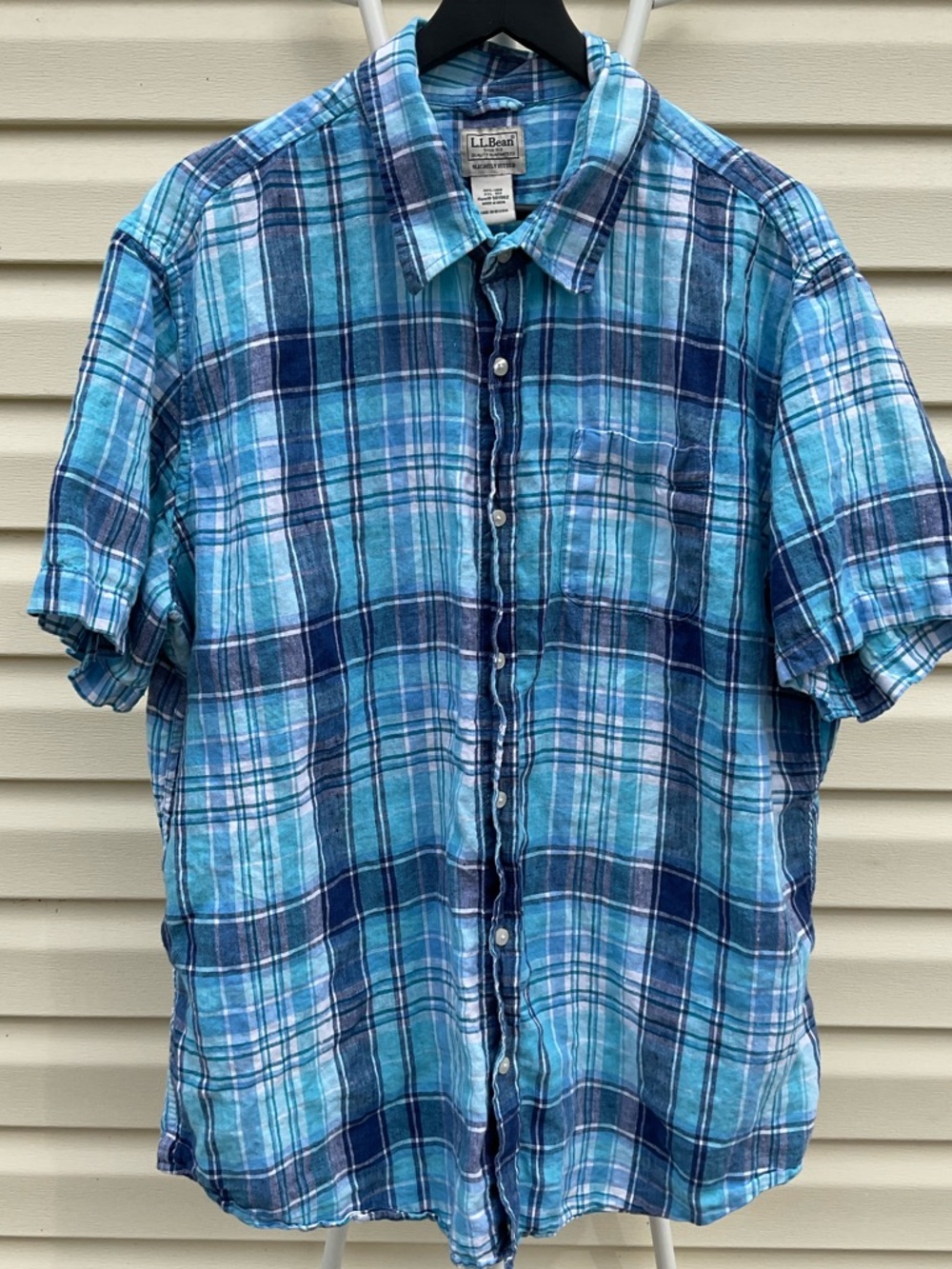 L.L. Bean Teal and Navy Plaid Short-Sleeve Button-Down Shirt 27” by 30”